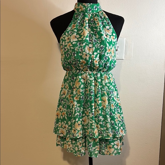 Floral Halter Dress in Green and White - Picture 1 of 6